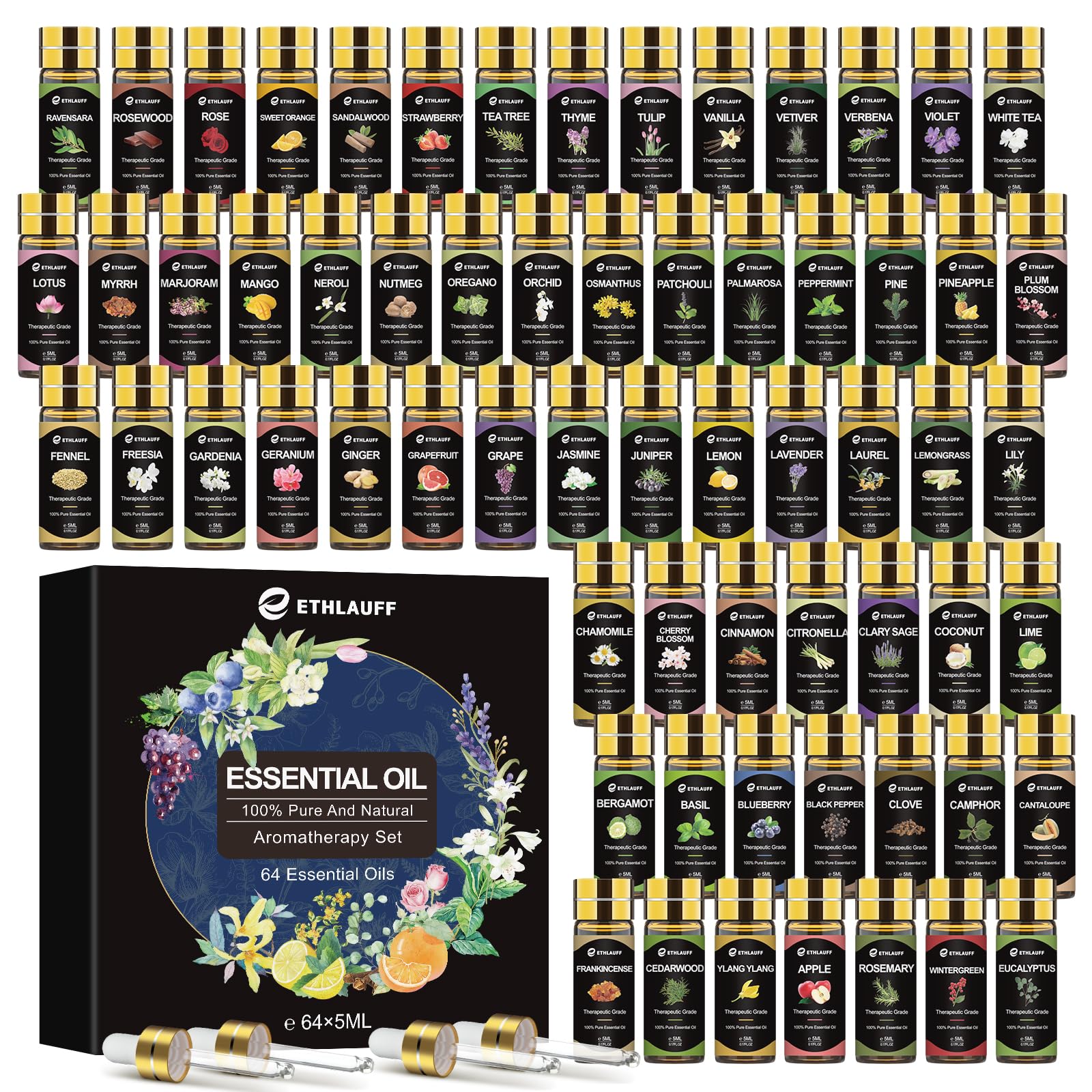 Ethlauff 64-pack essential oil bottle display with diverse scents