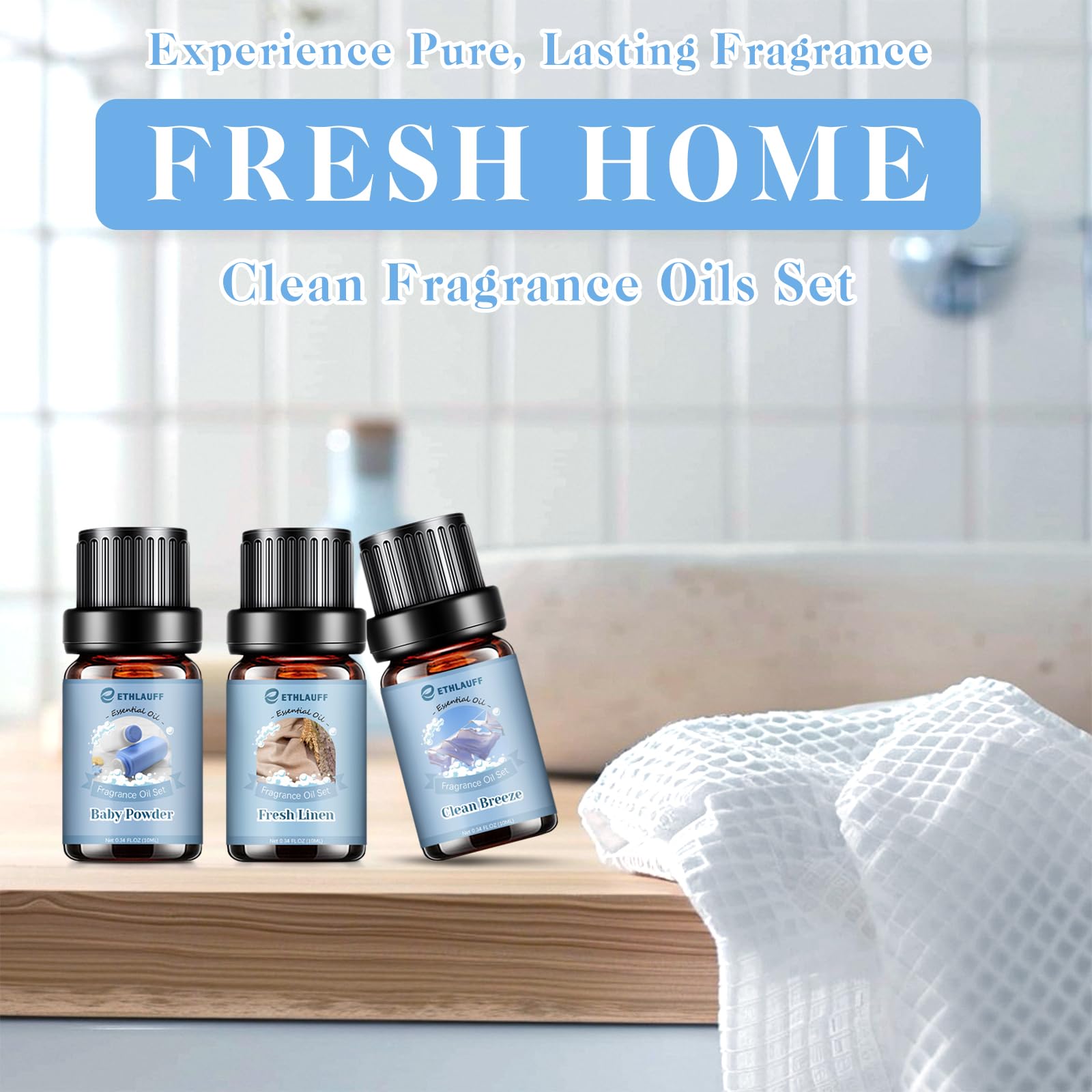 Ethlauff Fresh Linen fragrance oil evokes clean laundry ambiance.