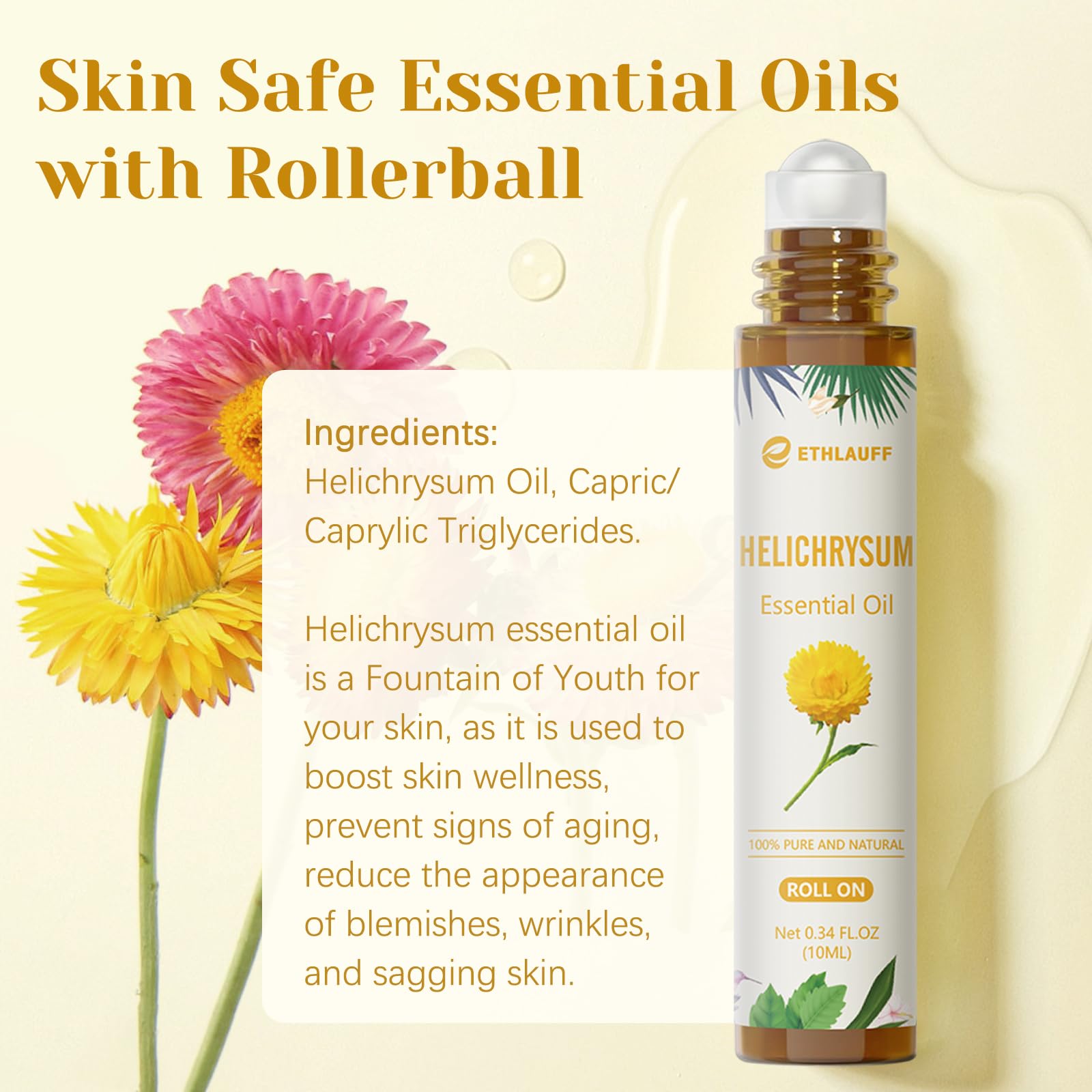 Ethlauff Helichrysum roll-on on wrist during use for gentle skin support.