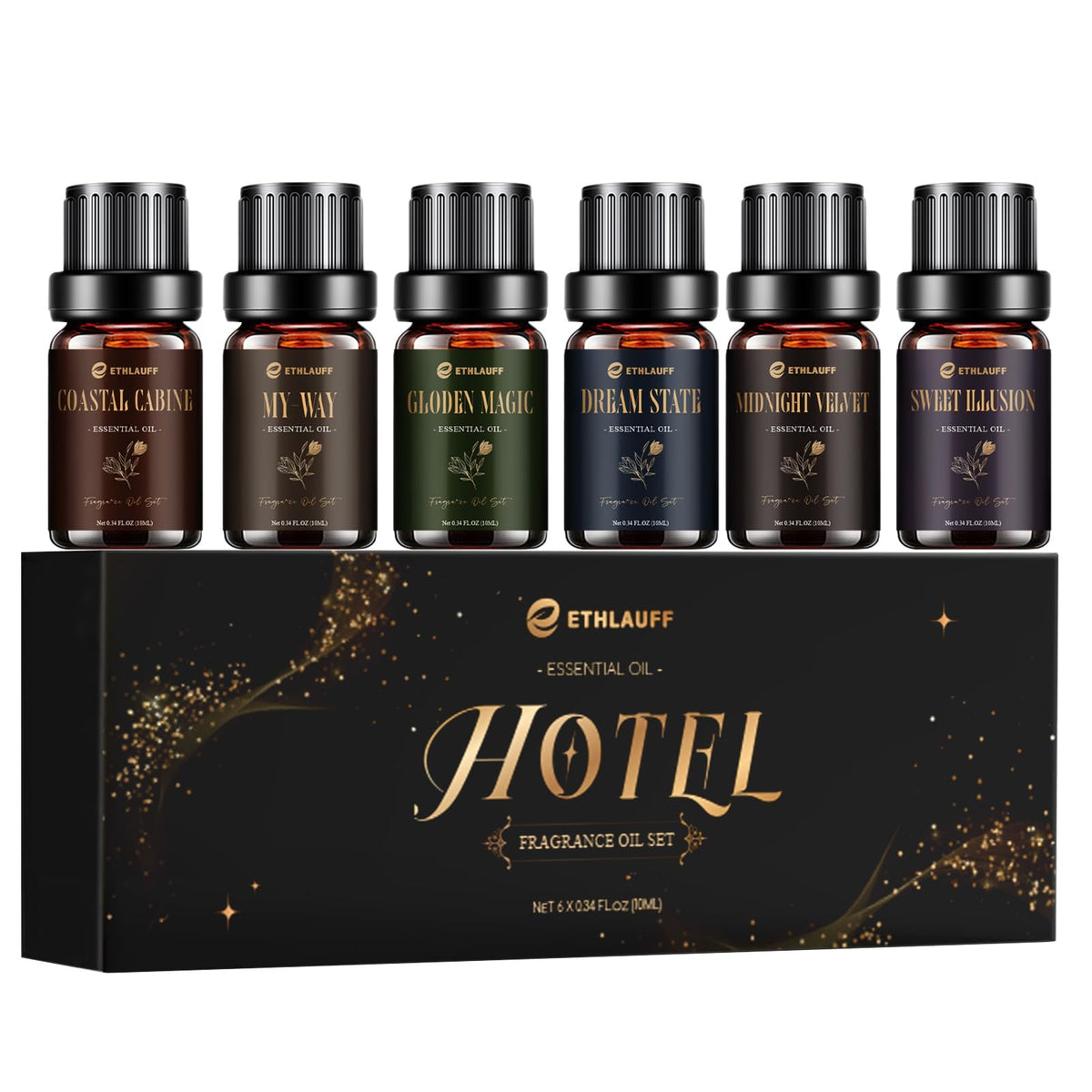 Ethlauff Hotel Diffuser Oils packaging showcasing luxury ambiance for elegant spaces