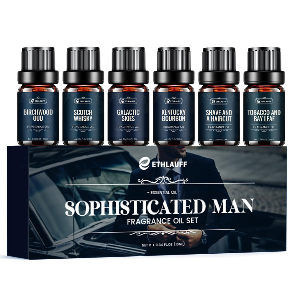 Ethlauff Men Essential Oils Set tobacco bay leaf bottle for diffusers and soaps.