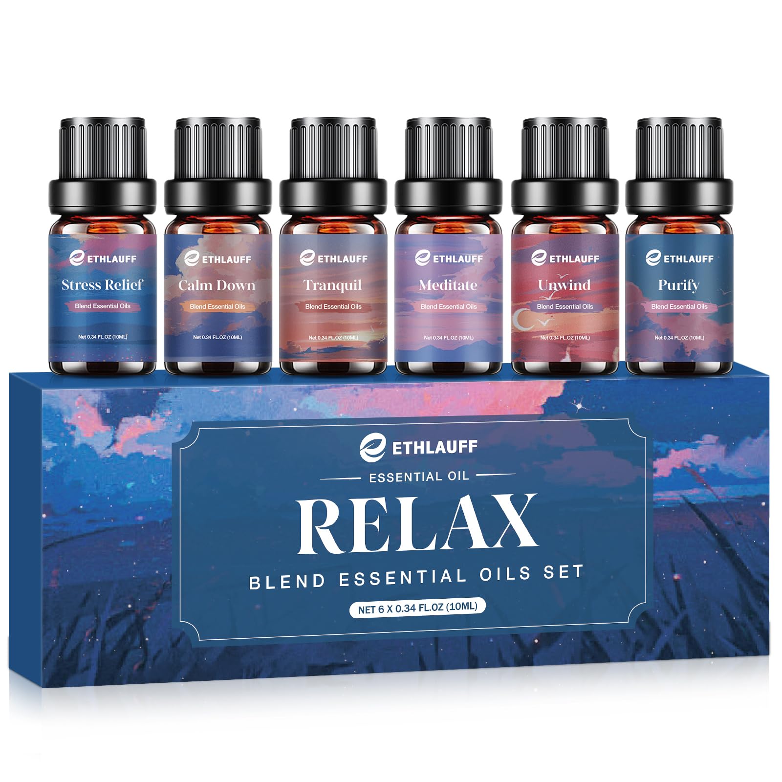 Ethlauff Relax Diffuser Oil Stress Relief bottle with lemongrass and bergamot notes for calm focus