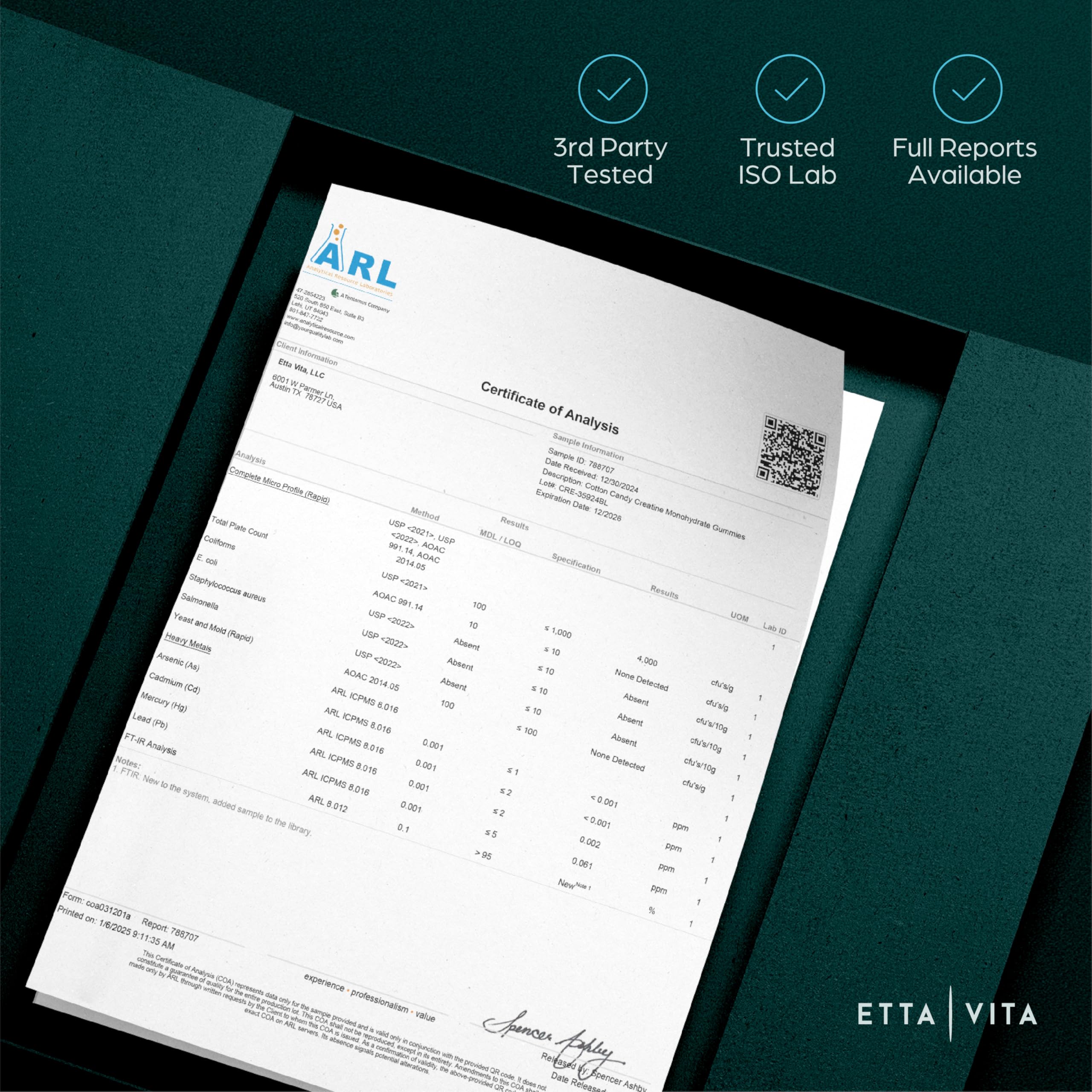 One gram creatine per gummy ensures consistent dosing with Etta Vita