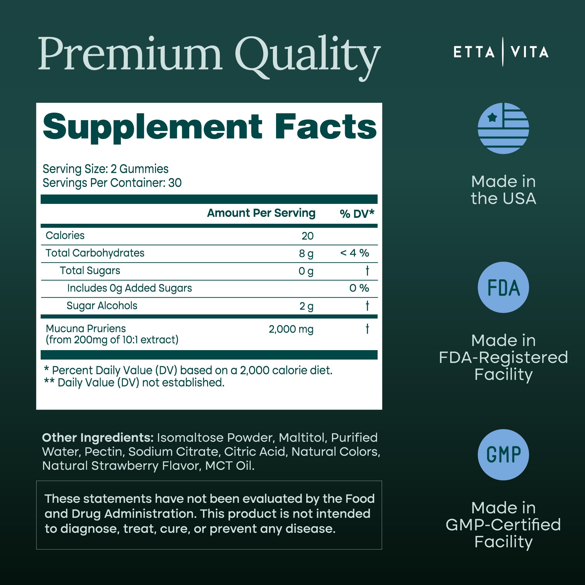 Etta Vita Dopamine Gummies ingredients panel underlines vegan, non-GMO, and gluten-free features.