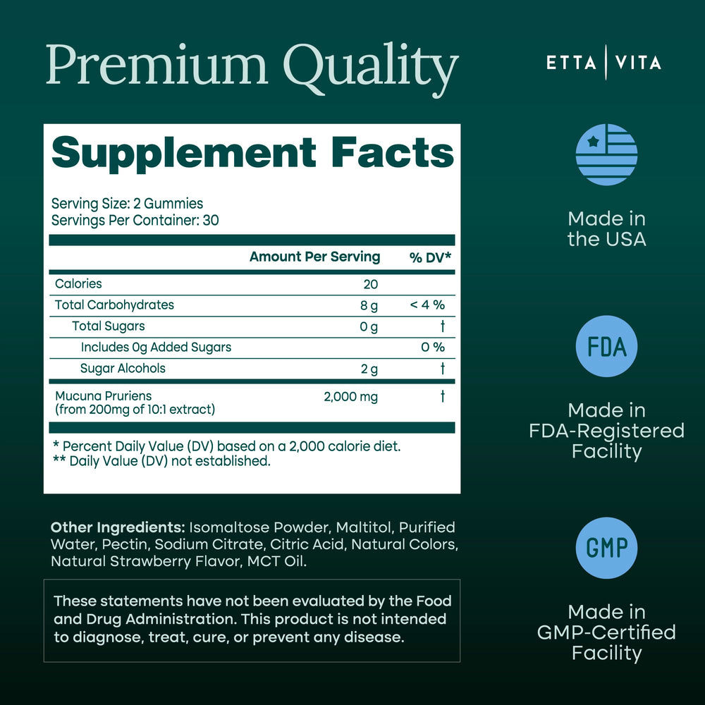 Etta Vita Dopamine Gummies ingredients panel underlines vegan, non-GMO, and gluten-free features.