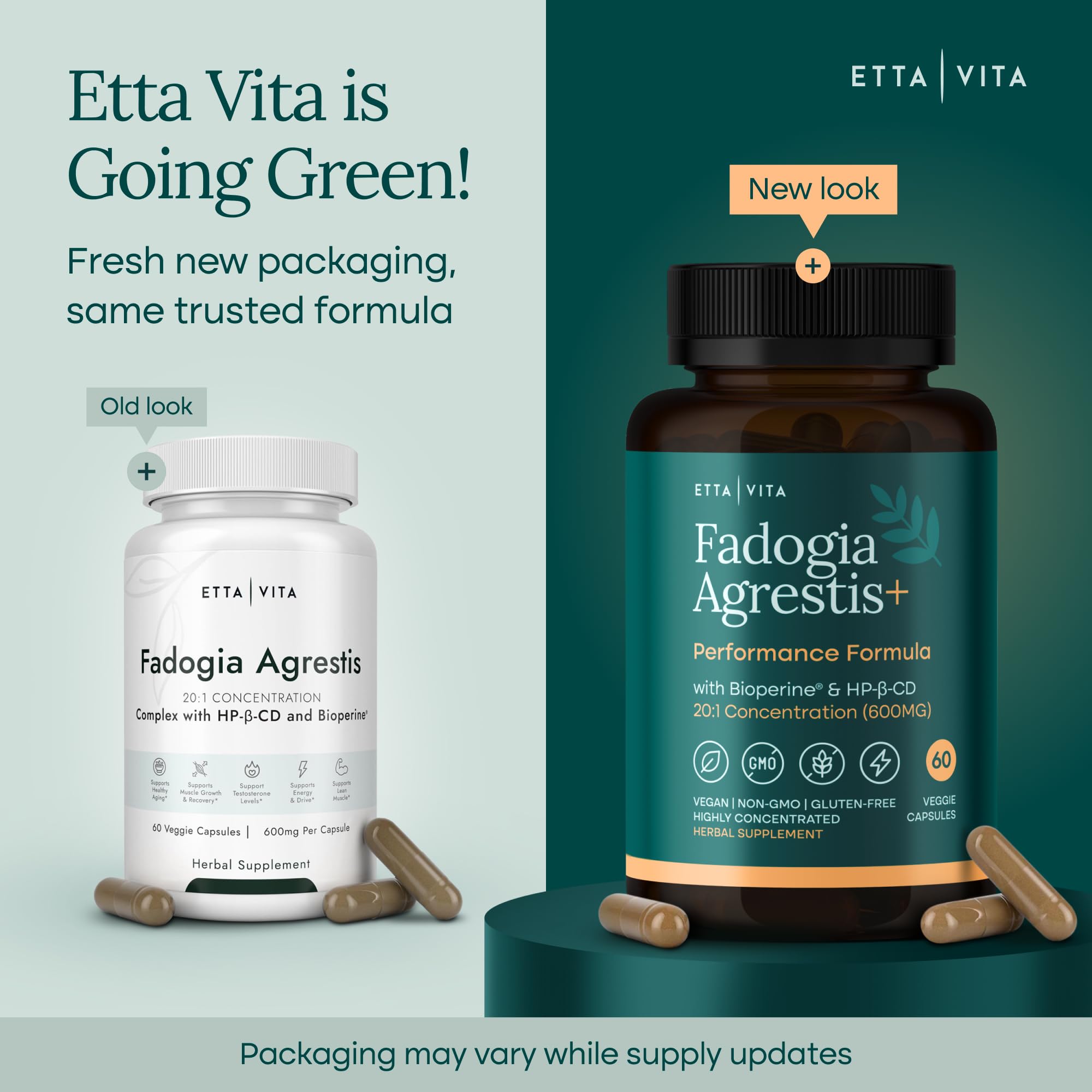 Etta Vita Fadogia bottle with nutritional facts table indicating 60-count supply.