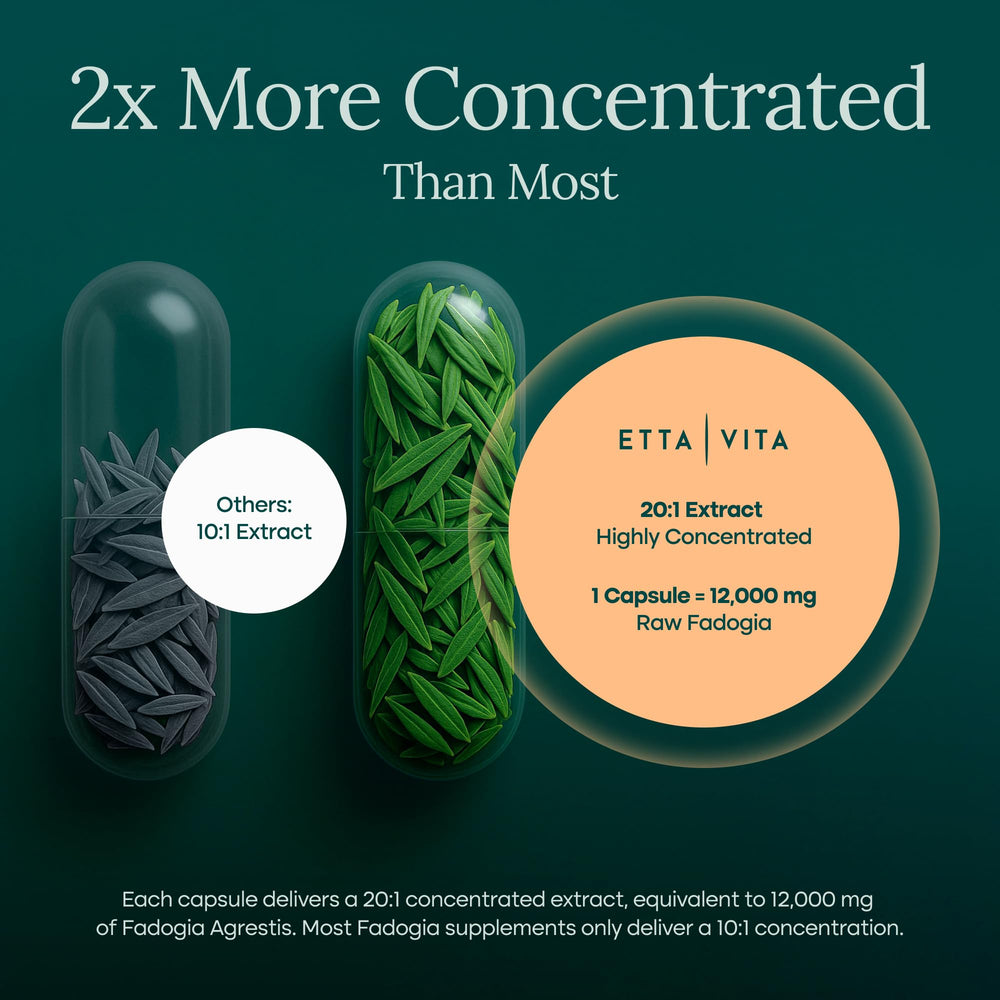 Etta Vita Fadogia ingredient panel emphasizing BioPerine and HP-β-CD for absorption.