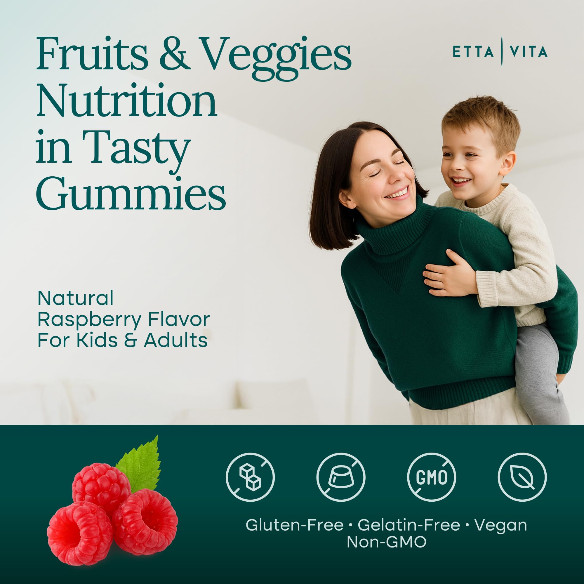 Etta Vita fruits-veggies gummies bottle front highlighting convenience for families
