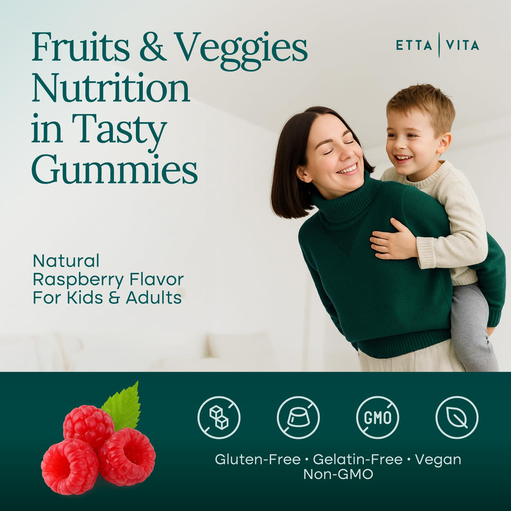 Etta Vita fruits-veggies gummies bottle front highlighting convenience for families