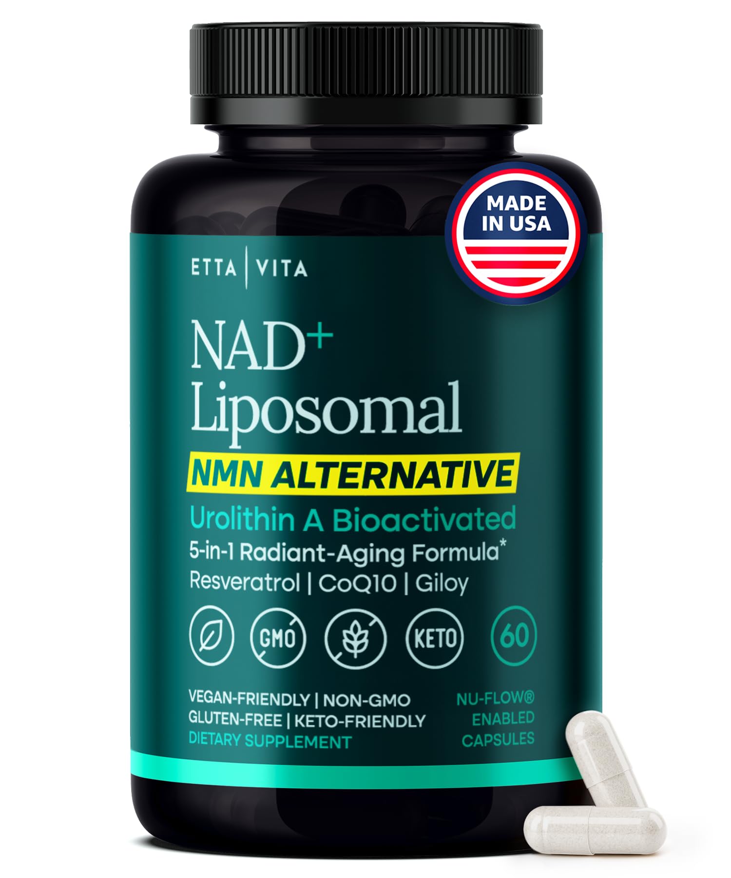 Etta Vita liposomal NAD bottle on a clean surface, highlighting energy support.