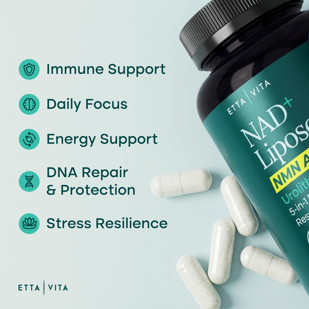 Close-up of Etta Vita liposomal NAD label, signaling premium quality.
