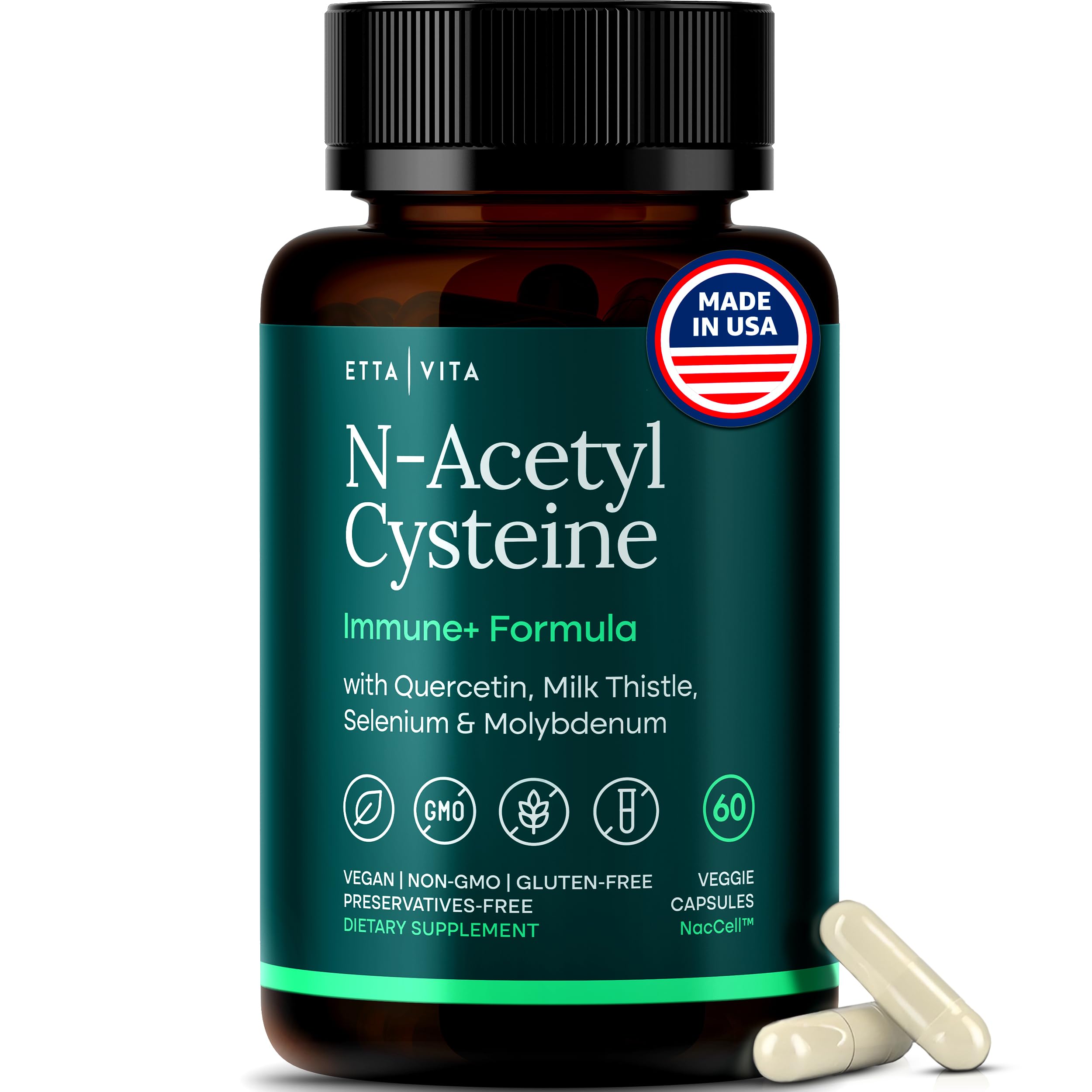 Etta Vita NAC 600mg bottle closeup showing vegan capsules for daily wellness.