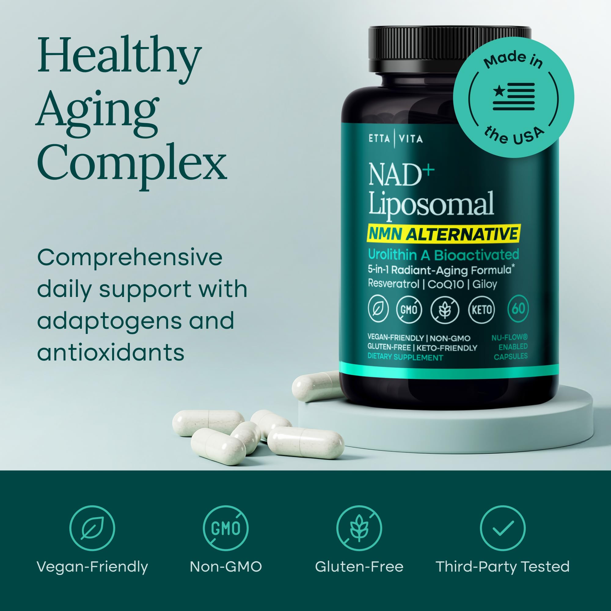 Etta Vita NAD capsules being poured, suggesting easy daily supplementation.