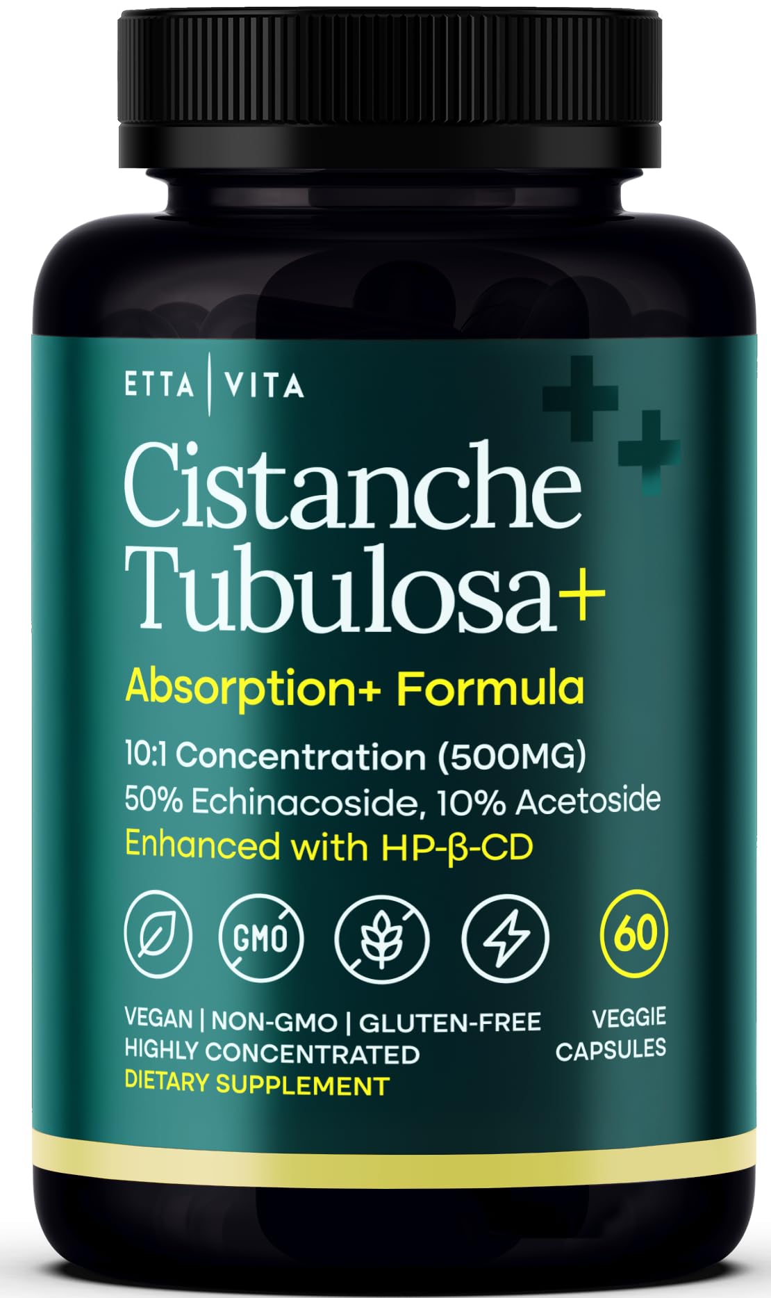 Etta Vita Potent Cistanche bottle close-up highlighting energy support.