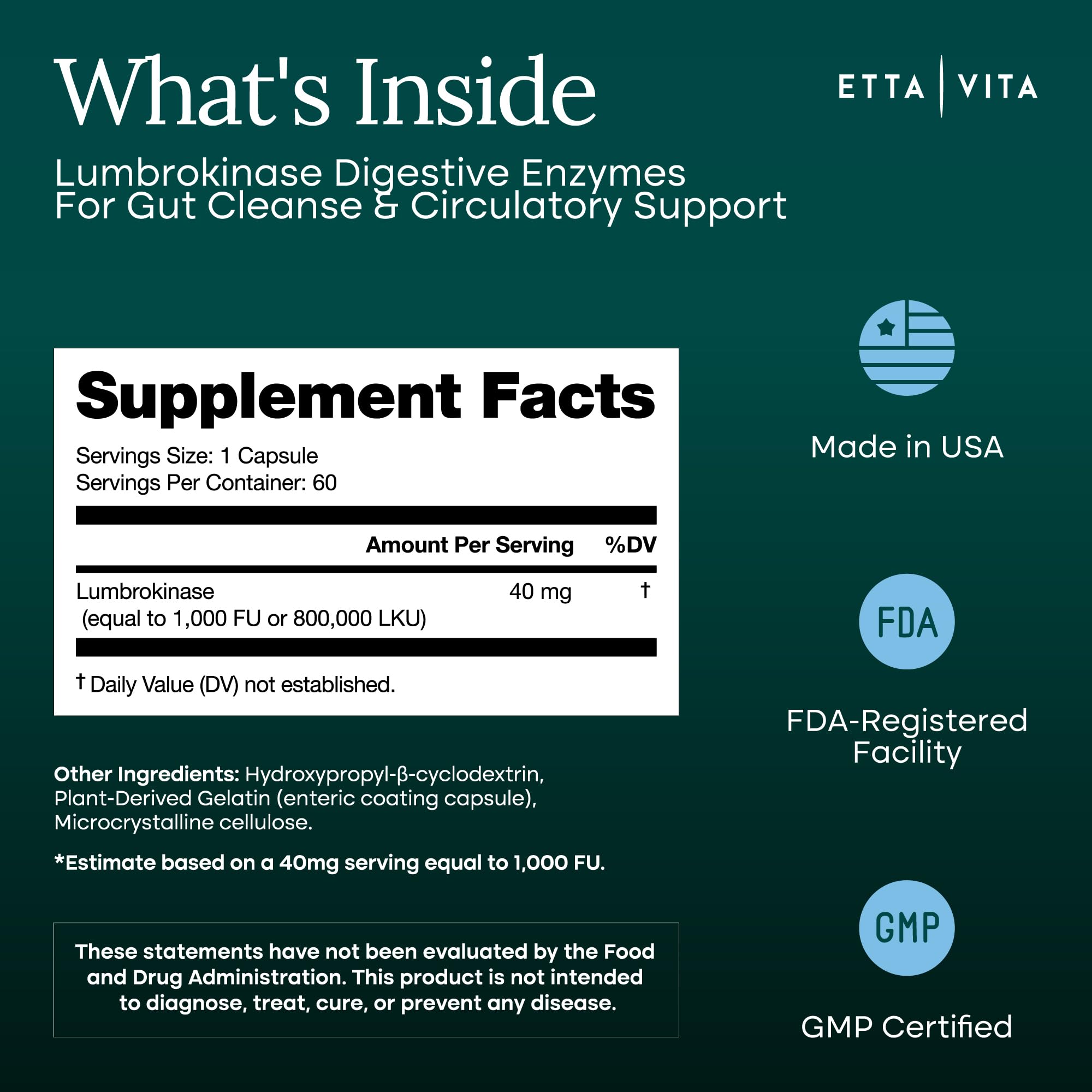 Etta Vita Potent Lumbrokinase capsules closeup highlighting easy-to-swallow daily supplement.