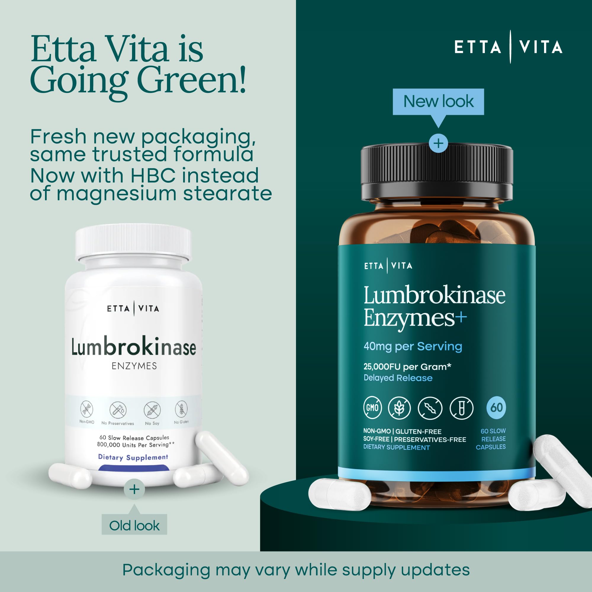 Etta Vita Potent Lumbrokinase label detail showcasing GMP standards and purity focus.