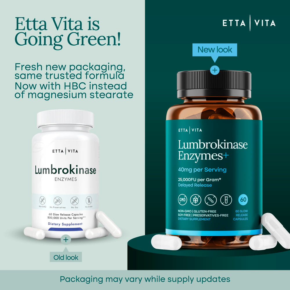 Etta Vita Potent Lumbrokinase label detail showcasing GMP standards and purity focus.
