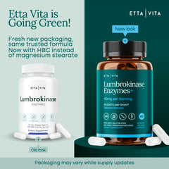 Etta Vita Potent Lumbrokinase label detail showcasing GMP standards and purity focus.