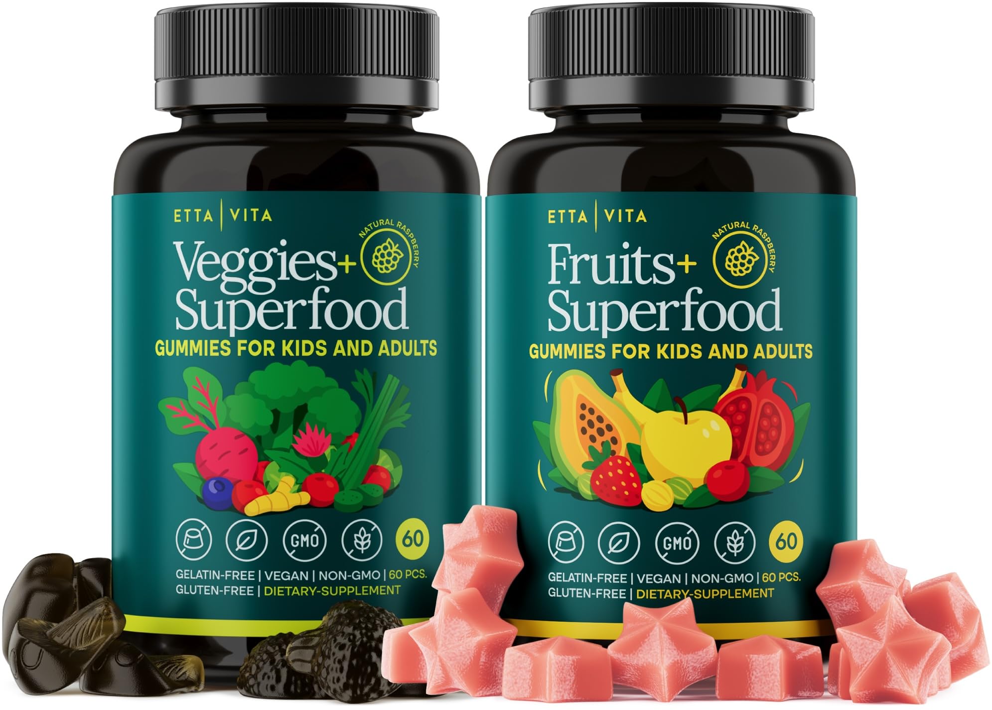 Etta Vita Super Greens Gummies jar closeup showing colorful chews for daily energy