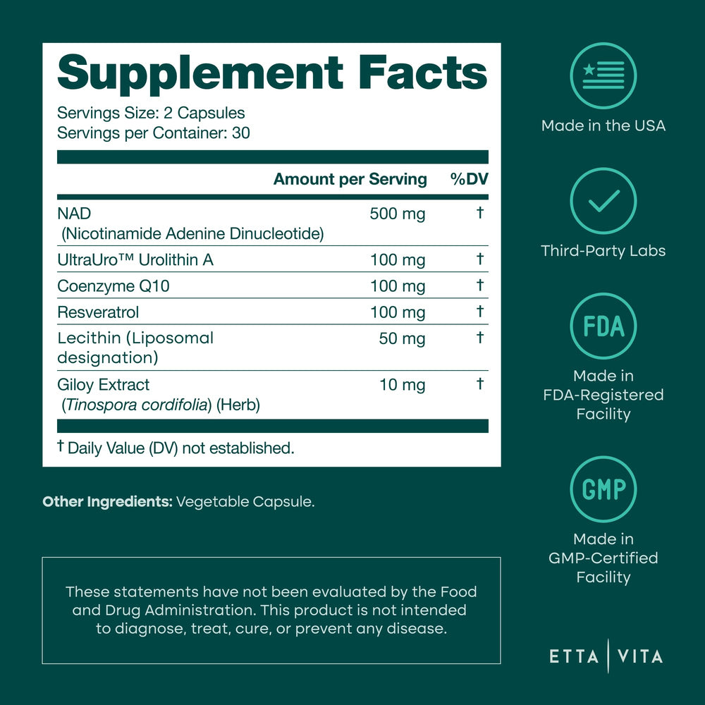Etta Vita urolithin A focus image with bottle, suggesting natural stamina.