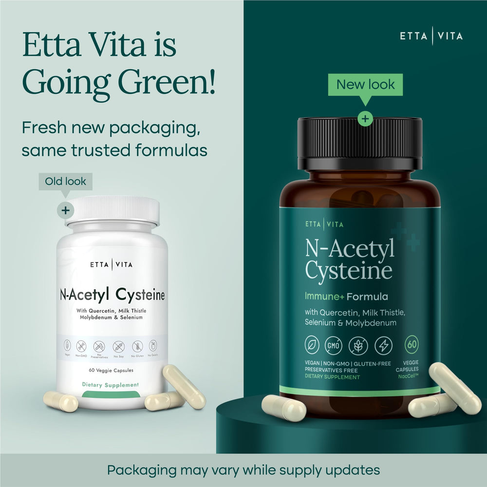 Etta Vita vegan NAC capsules pack highlighting easy daily dosage.