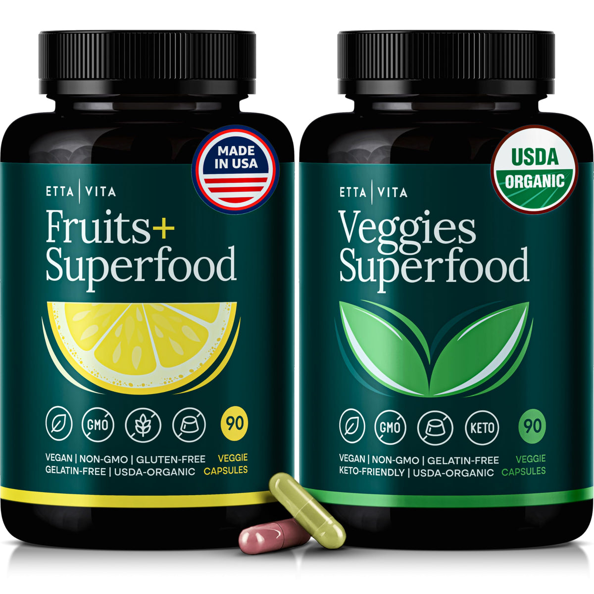 Etta Vita bottle with capsules and USDA Organic badge for daily plant-based nutrition.