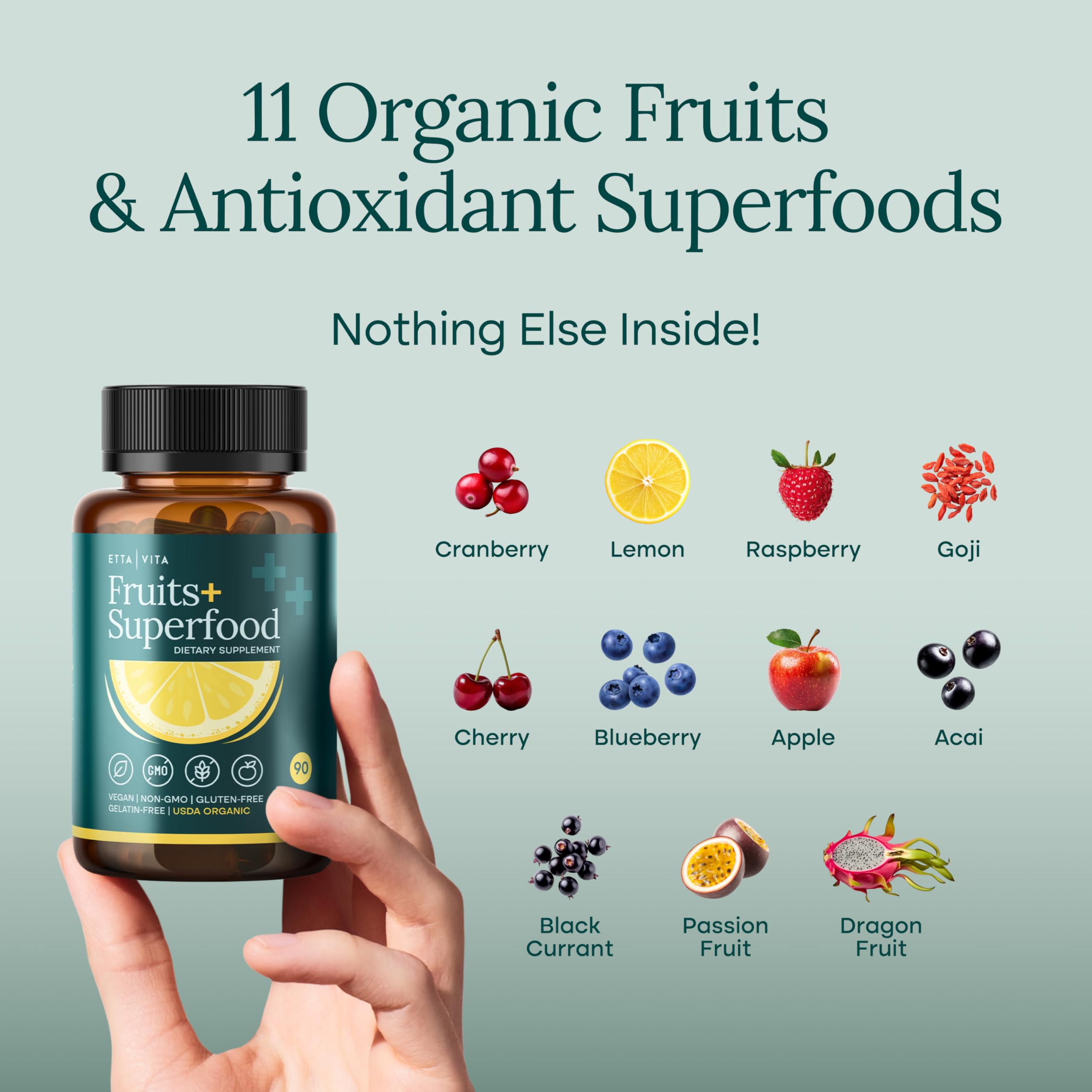 Close-up of capsules pouring into hand, highlighting easy two-capsule daily boost.