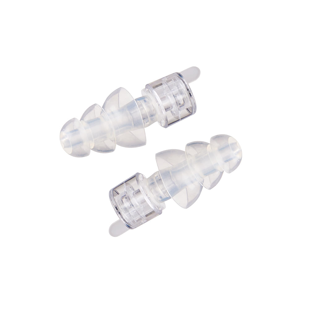Etymotic ER20XS earplugs closeup showing clear, reusable protection.