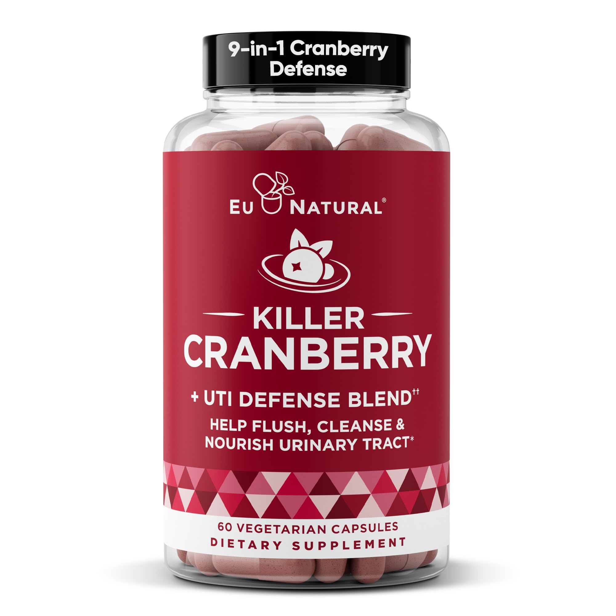 Eu Natural 9-In-1 Killer Cranberry Pills bottle front view for urinary tract support.
