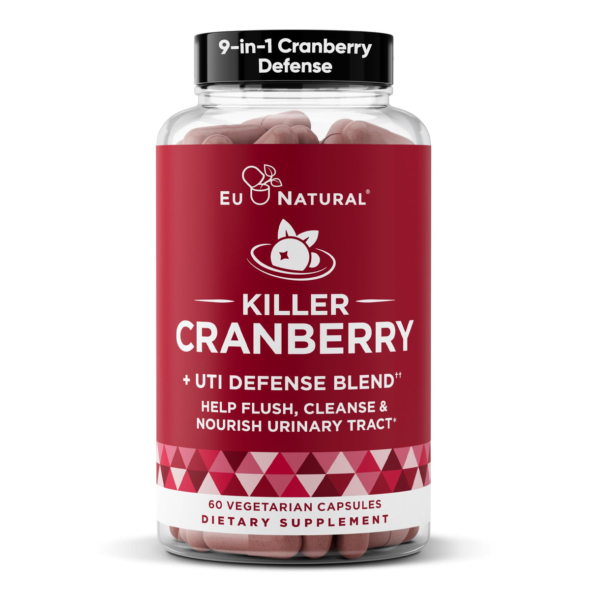 Eu Natural 9-In-1 Killer Cranberry Pills bottle front view for urinary tract support.