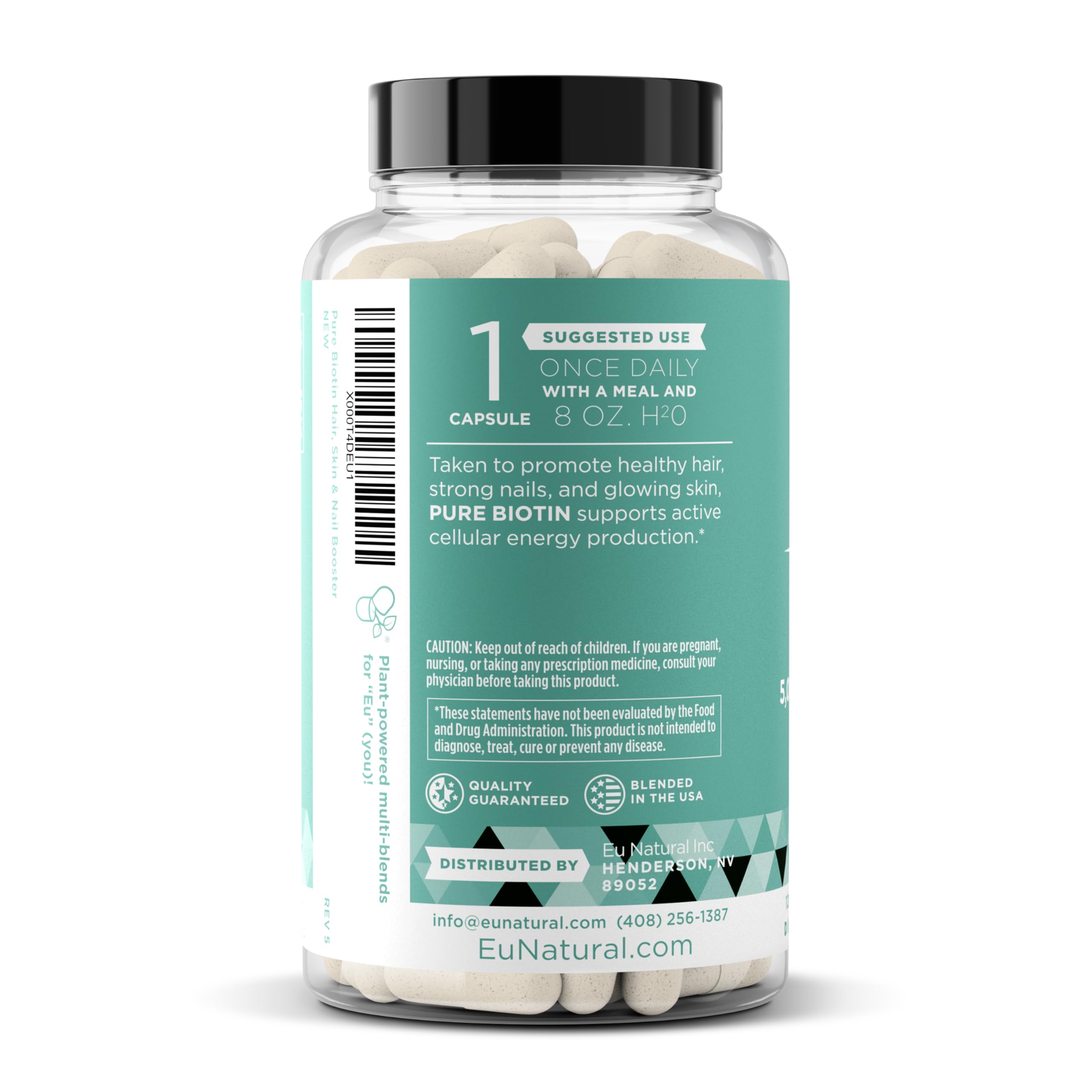 Cruelty-free manufacturing badge on Eu Natural Biotin 5000 mcg packaging