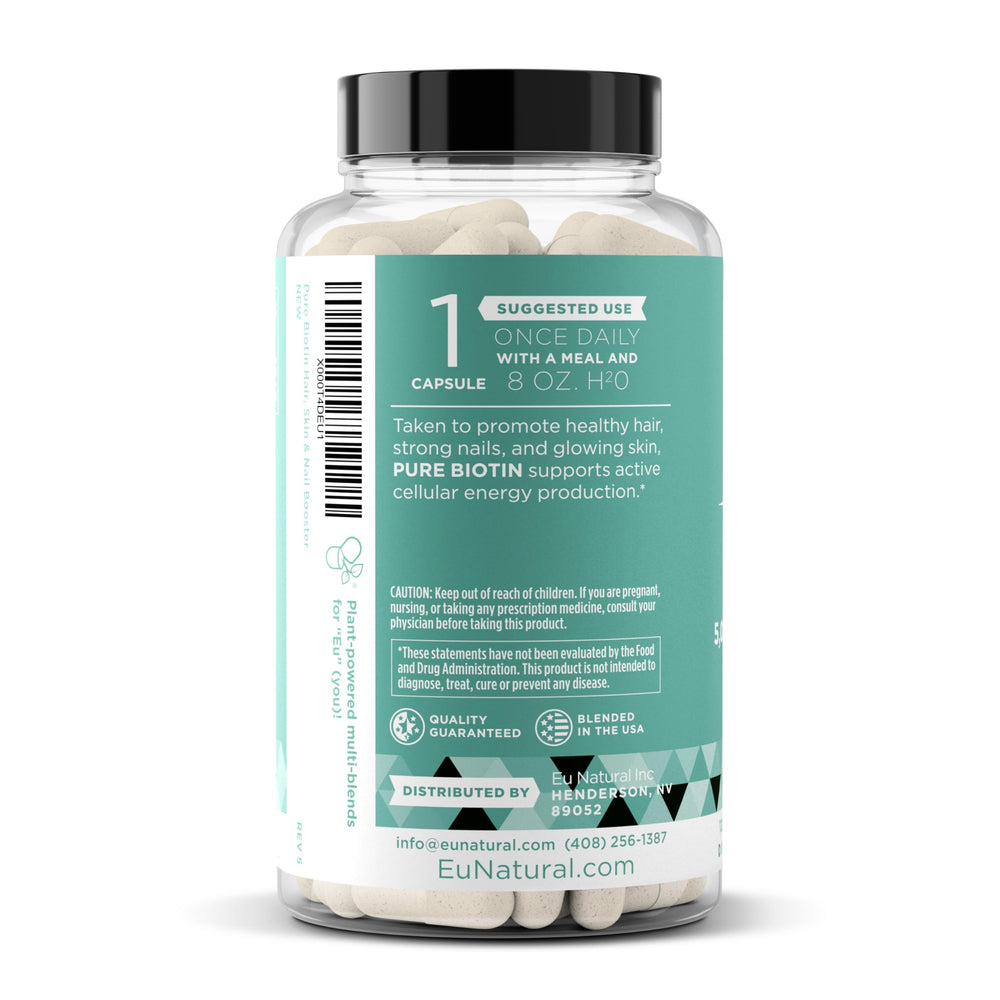 Cruelty-free manufacturing badge on Eu Natural Biotin 5000 mcg packaging