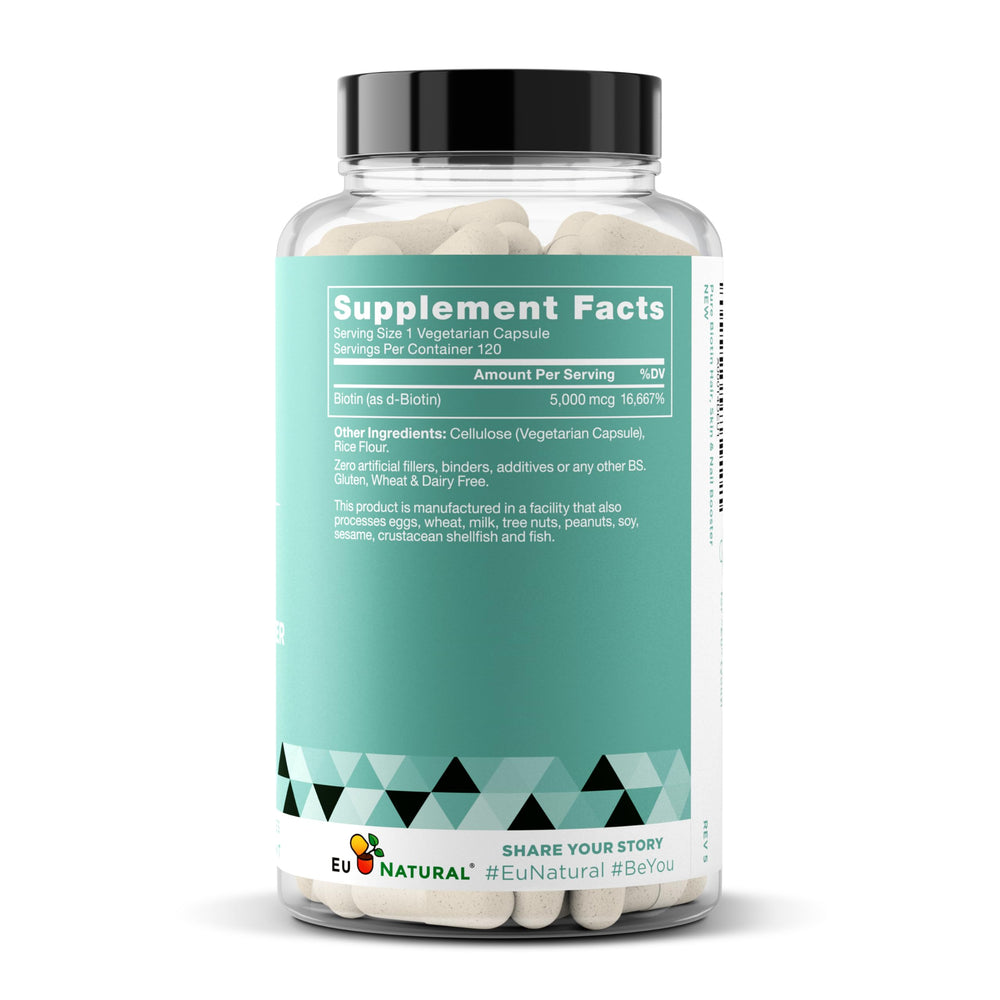 Daily-use scene with Eu Natural Biotin 5000 mcg capsules beside morning routine