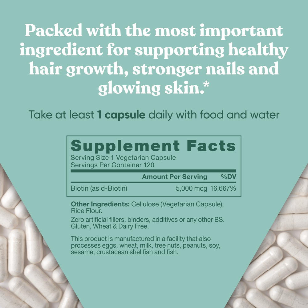 Label notes gluten-free and dairy-free formula on Eu Natural Biotin 5000 mcg