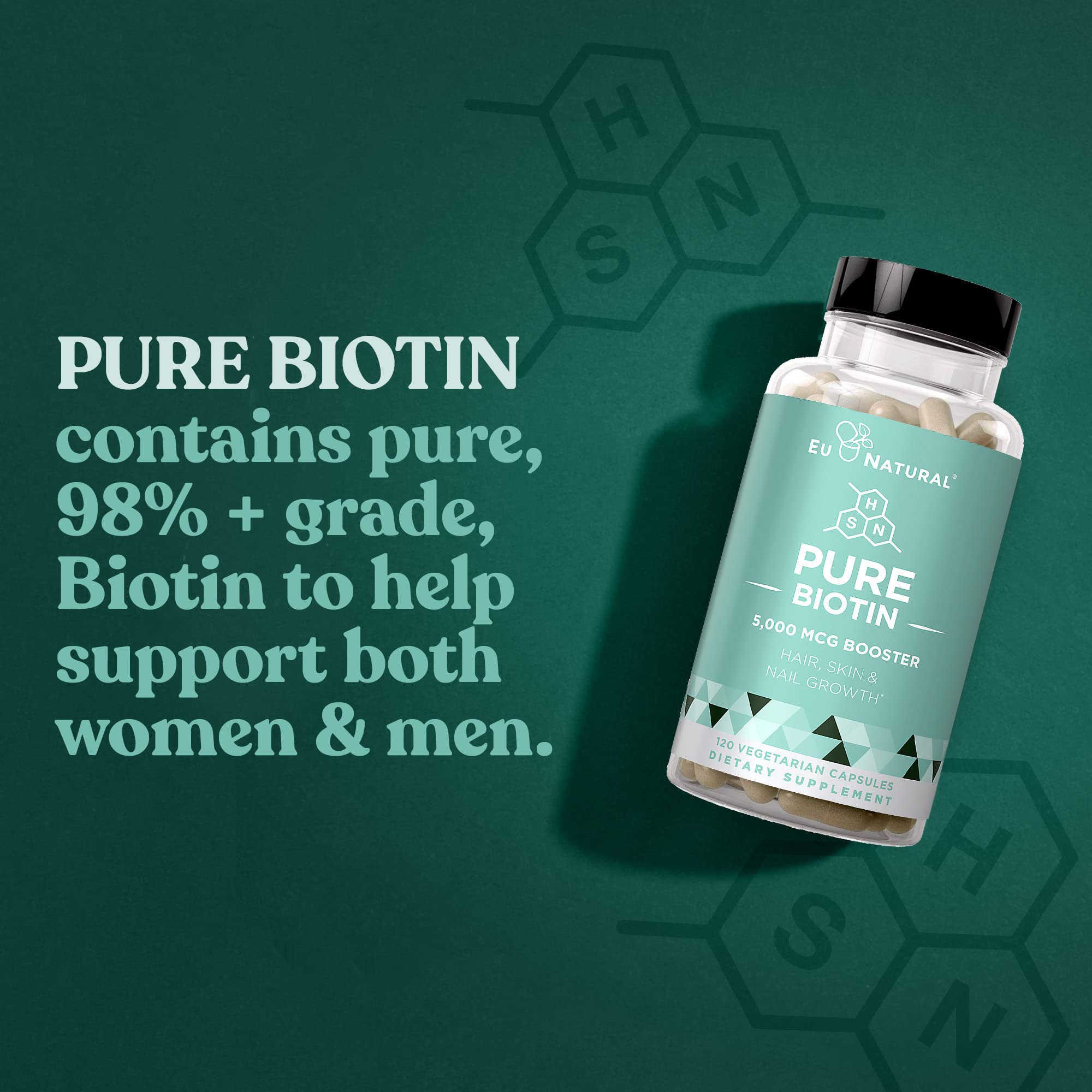 Eu Natural Biotin 5000 mcg label close-up highlighting 99.8% purity for quality