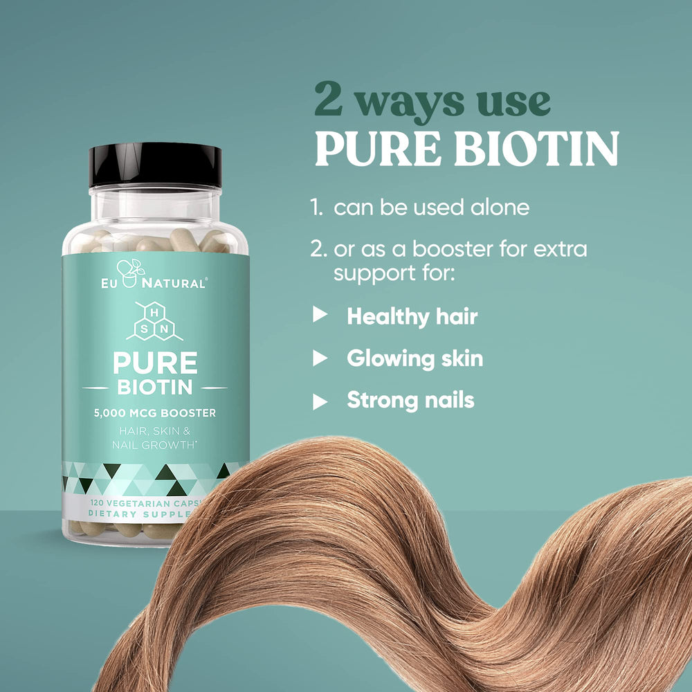 Soft vegan capsules of Eu Natural Biotin 5000 mcg are easy to swallow