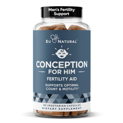 Eu Natural Conception For Him bottle front showing vegan capsules for daily male fertility support