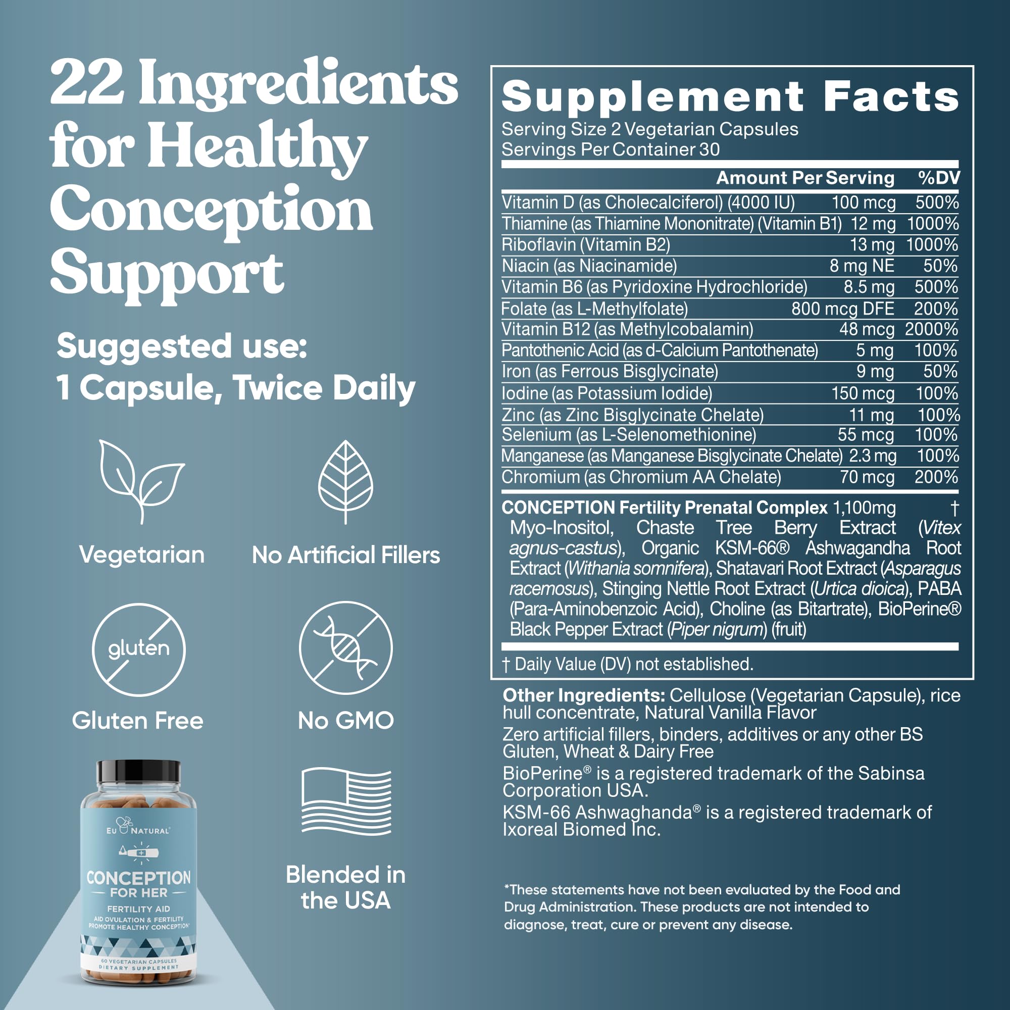Gluten-free vegan formula label on Eu Natural Conception bottle