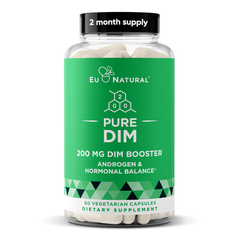 Eu Natural DIM Pure bottle front showcases 60 vegan capsules for balanced energy.