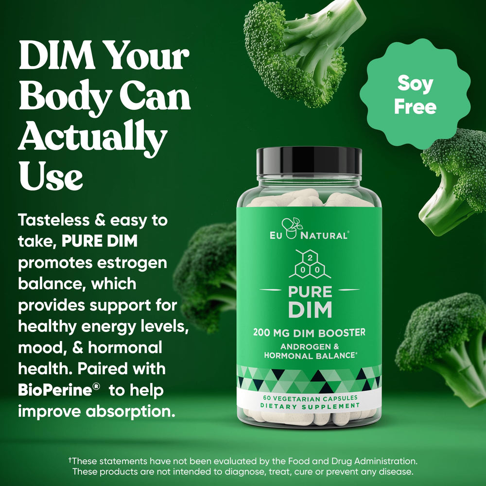 Eu Natural DIM Pure bottle pouring capsules suggests daily use.