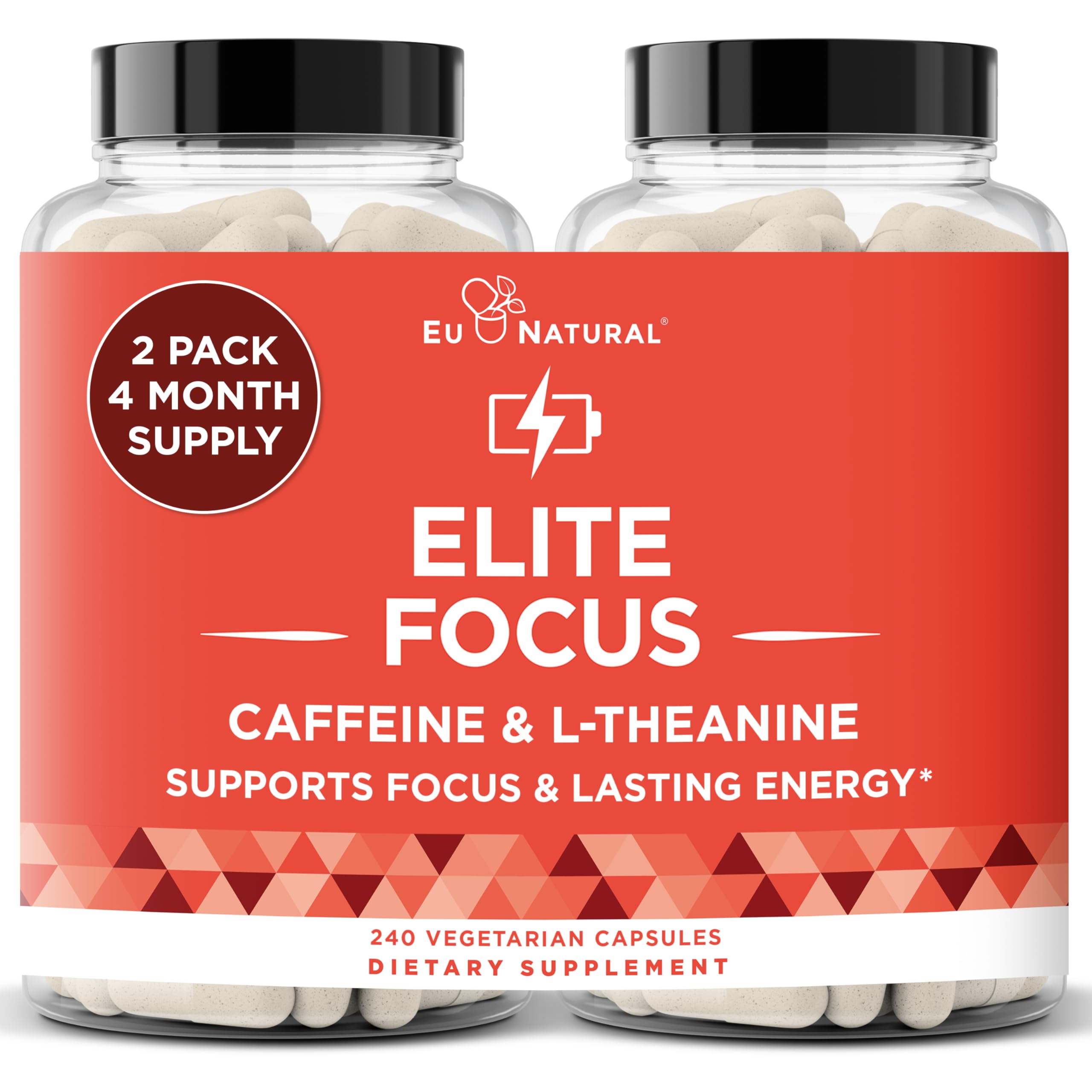 Eu Natural Elite Caffeine Pills bottle front boosts clean energy and focus.