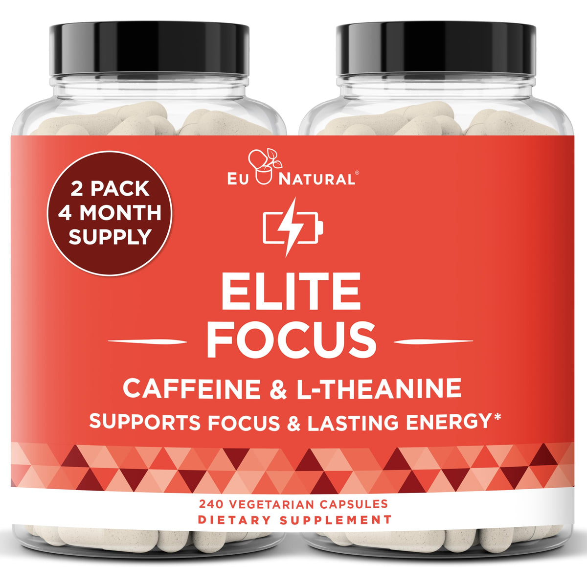 Eu Natural Elite Caffeine Pills bottle front boosts clean energy and focus.