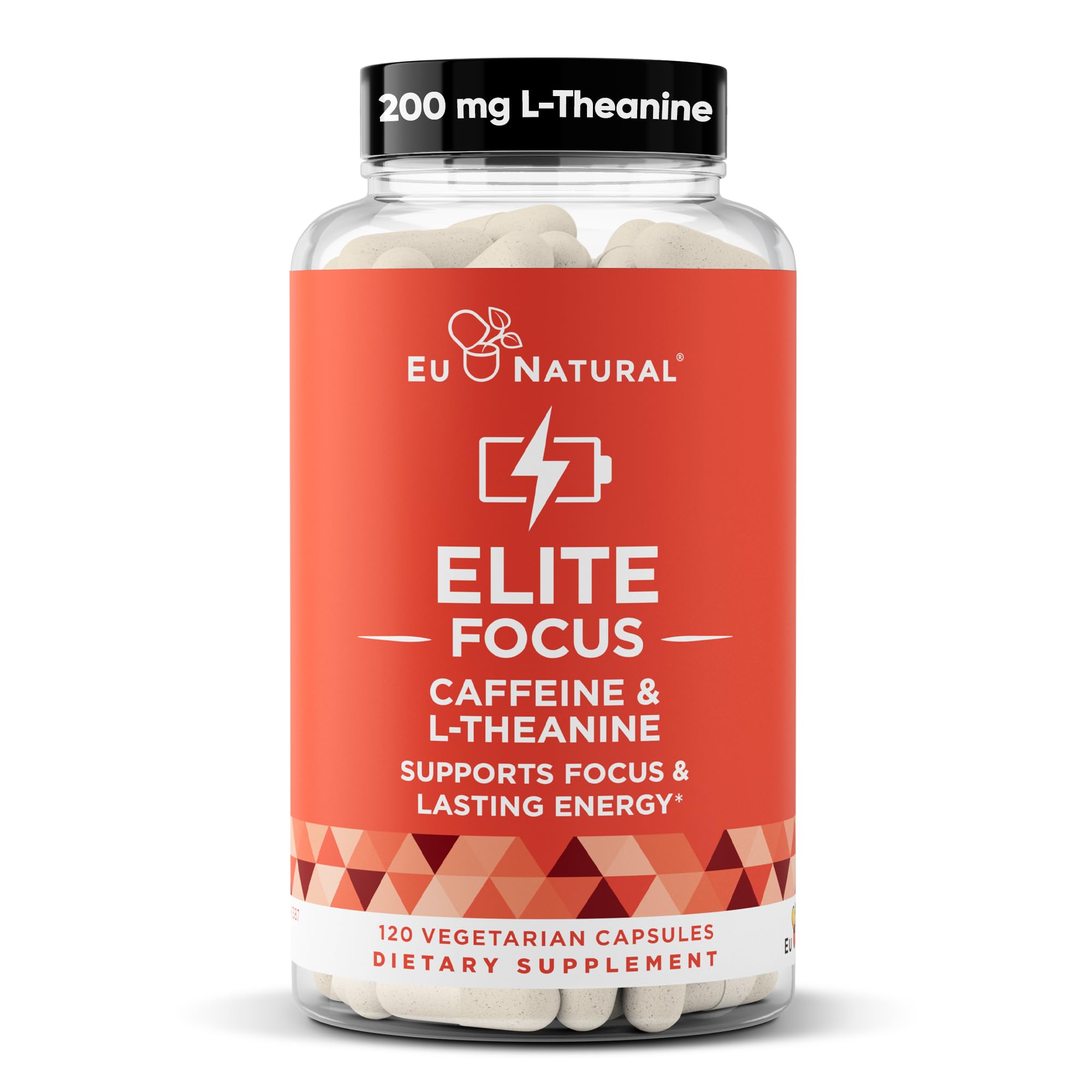 Eu Natural Elite Caffeine Pills bottle front shows clean branding for a jitter-free boost