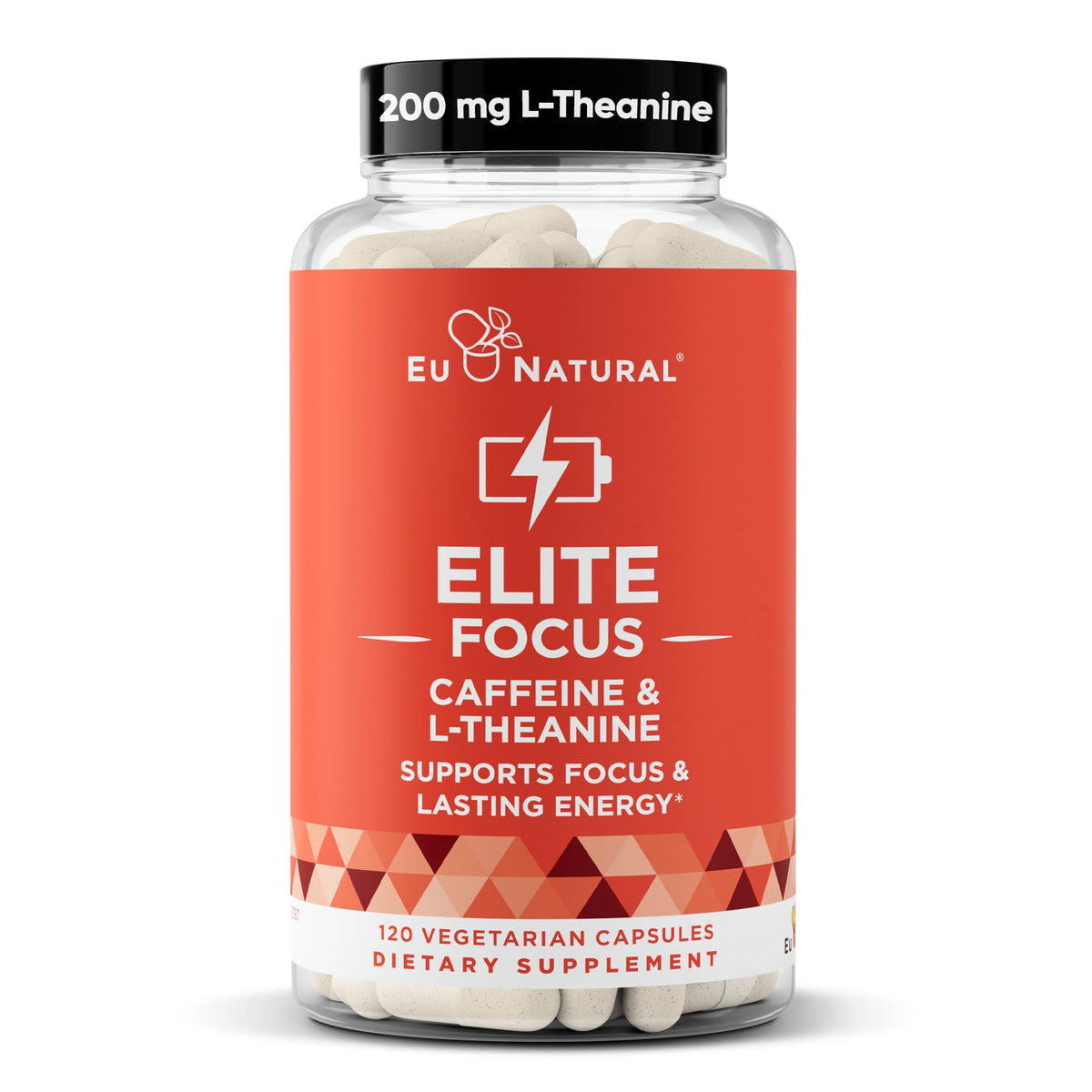 Eu Natural Elite Caffeine Pills bottle front shows clean branding for a jitter-free boost