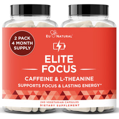 Eu Natural Elite Caffeine Pills bottle front boosts clean energy and focus.
