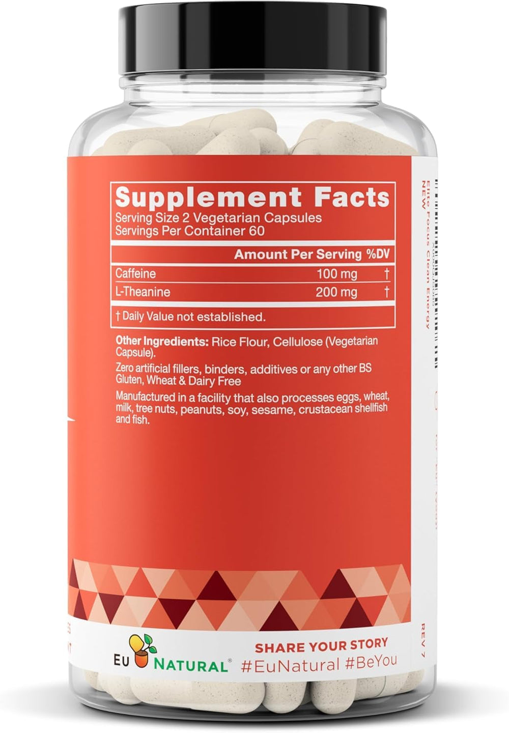 Eu Natural Elite Caffeine Pills gluten, dairy-free label supports dietary needs.