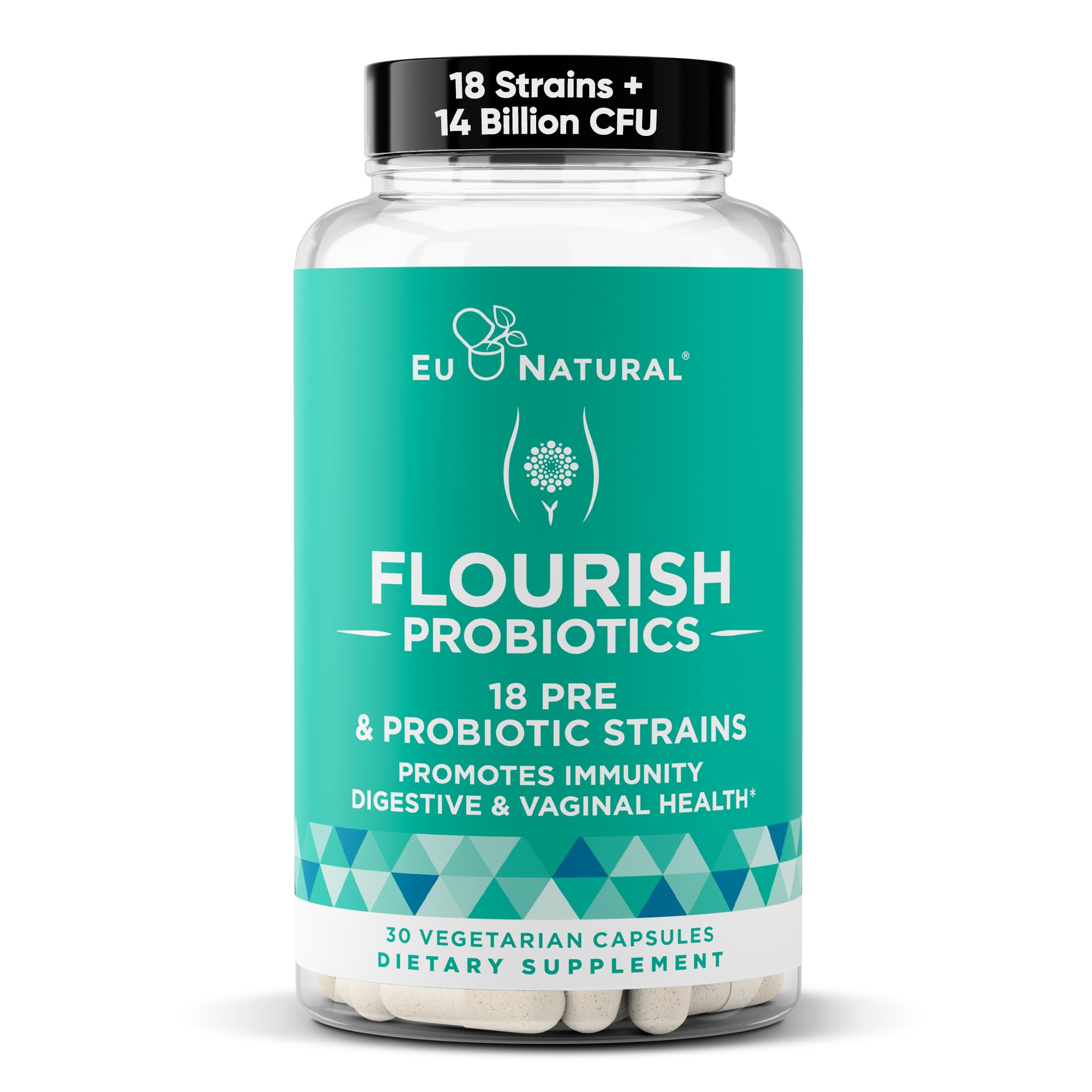 Eu Natural Flourish probiotics bottle highlights women's gut and urinary health.