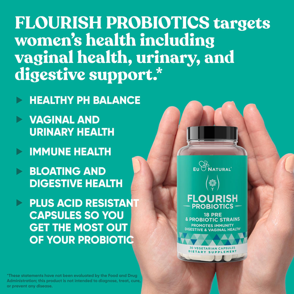 Close-up of Flourish capsules showing mini vegan design for daily support.