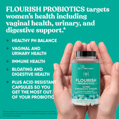 Close-up of Flourish capsules showing mini vegan design for daily support.