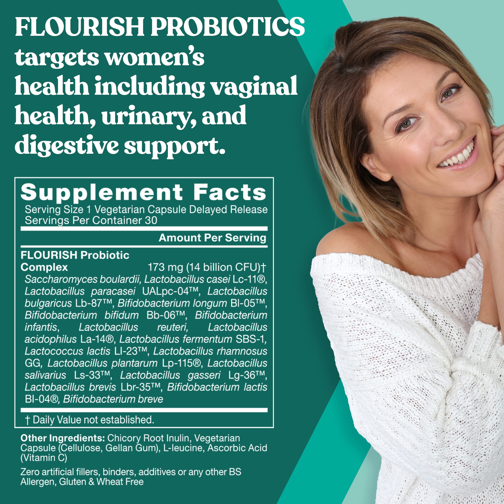 Woman taking Flourish capsule during daily wellness routine.
